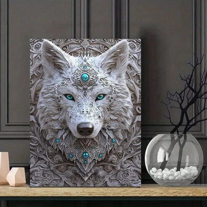 Wolf Face with Glowing Turquoise Eyes Painting  40x60cm Metal Print Ready to Hang
