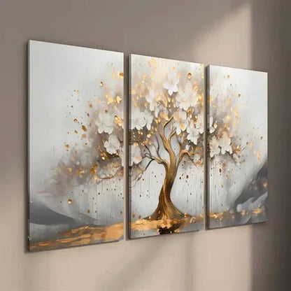 3pcs Abstract Golden Tree with White Flowers Wall Art Set Canvas Unframed - High Quality Print 100% Australian Made Wall Canvas - Bella Home Decor