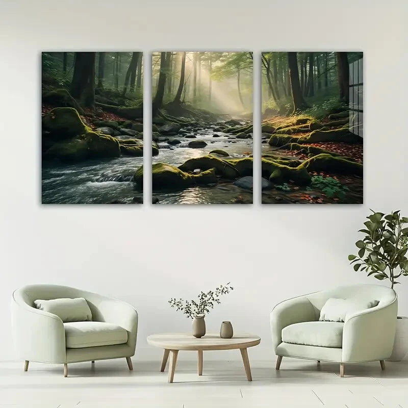 3pcs Delightful Forest Creek Flowing Water Metal Print Ready to Hang Art - Bella Home Decor