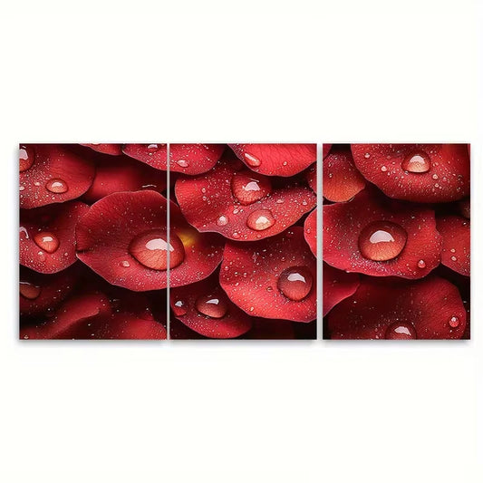 3pcs Macro Photography of Raindrops on Rose Petals Metal Print Ready to Hang Art