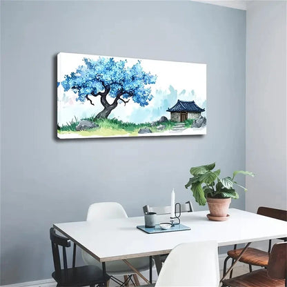 Blue Floral Tree Stone Cottage Wall Art Canvas Office Home Room Framed 120x60cm - Bella Home Decor