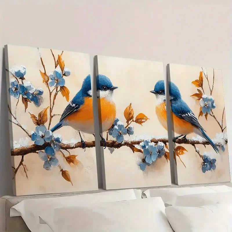 3pcs Blue And White Flowers And Birds On Snow Wall Art Set Canvas Framed 60x90cm - High Quality Print 100% Australian Made Wall Canvas Ready to Hang - Bella Home Decor