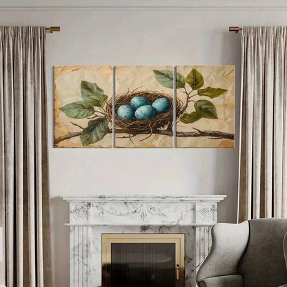 3pcs Bird's Nest Blue Eggs Green Leaves Wall Art Set Canvas Framed 40x60cm - High Quality Print 100% Australian Made Wall Canvas Ready to Hang - Bella Home Decor
