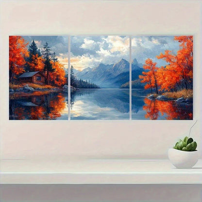 3pcs Autumn Lake House and Mountain Reflections Metal Print Ready to Hang Art - Bella Home Decor