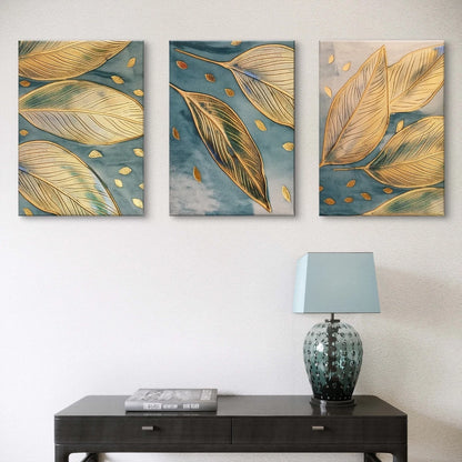 3pcs Gold and Blue Leaf Pattern Luxurious Wall Art Set Canvas Framed 40x60cm - High Quality Print 100% Australian Made Wall Canvas Ready to Hang