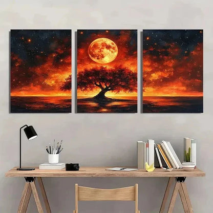 3pcs Warm Orange Red Hues Moon Night Scene Wall Art Canvas Unframed - High Quality Print 100% Australian Made Wall Canvas