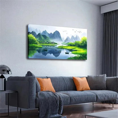Green Grass Trees Village Wall Art Canvas Office Home Room Framed 120x60cm - Bella Home Decor