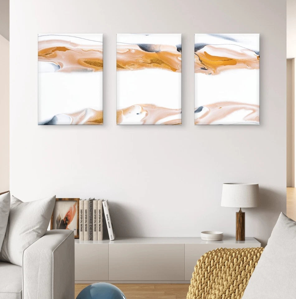 3pcs Minimalist Gold, White, and Black Fluid Art Wall Art Set Canvas Framed 50x70cm - High Quality Print 100% Australian Made Wall Canvas Ready to Hang