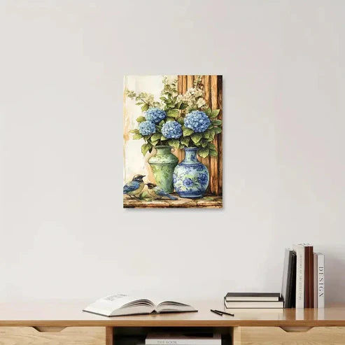 Beautiful Vintage Blue Hydrangeas In Vase Painting 60x90cm Metal Print Ready to Hang