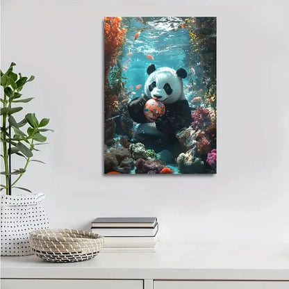 Panda Playing with Ball Underwater In Coral Painting 40x60cm Metal Print Ready to Hang - Bella Home Decor