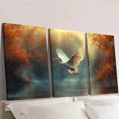 3pcs White Crane Flying Misty Forest  Wall Art Set Canvas Unframed - High Quality Print 100% Australian Made Wall Canvas
