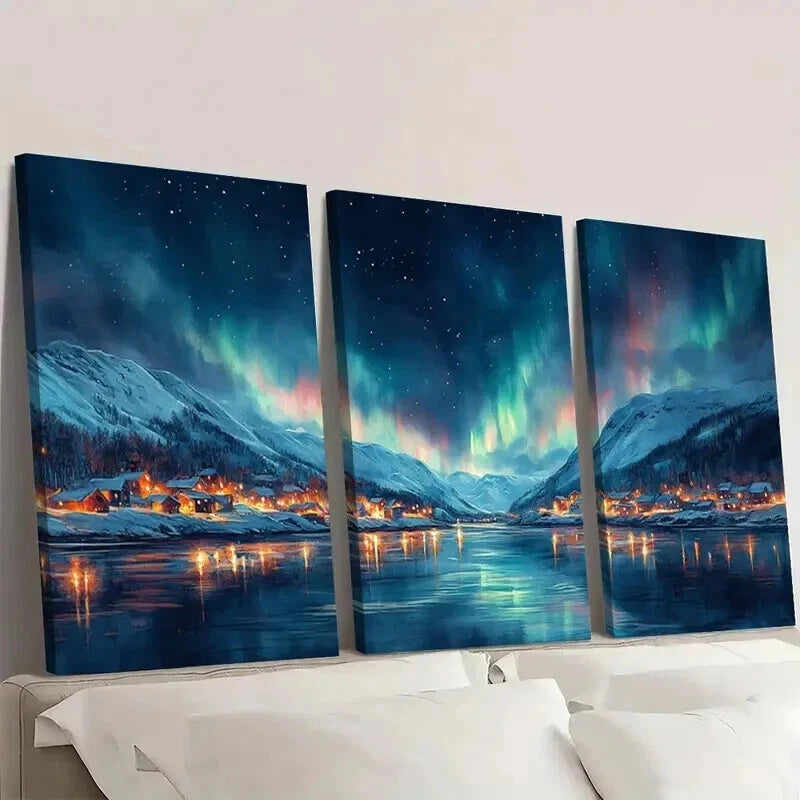 3pcs Tromsø Northern Lights Arctic Coastal Wall Art Set Canvas Framed 50x70cm - High Quality Print 100% Australian Made Wall Canvas Ready to Hang - Bella Home Decor