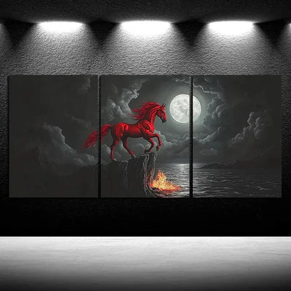 3pcs Red Horse Jumping Under The Moonlight Metal Print Ready to Hang Art - Bella Home Decor