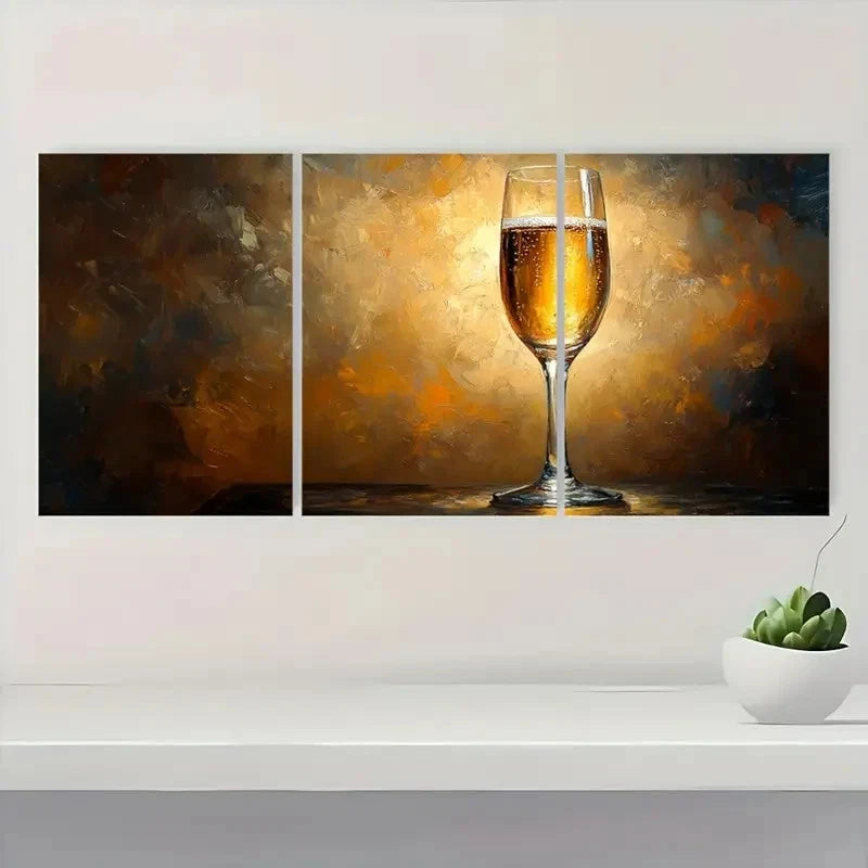 3pcs Champagne Glass Golden & Brown  FG    Wall Art Set Canvas Framed 50x70cm - High Quality Print 100% Australian Made Wall Canvas Ready to Hang - Bella Home Decor