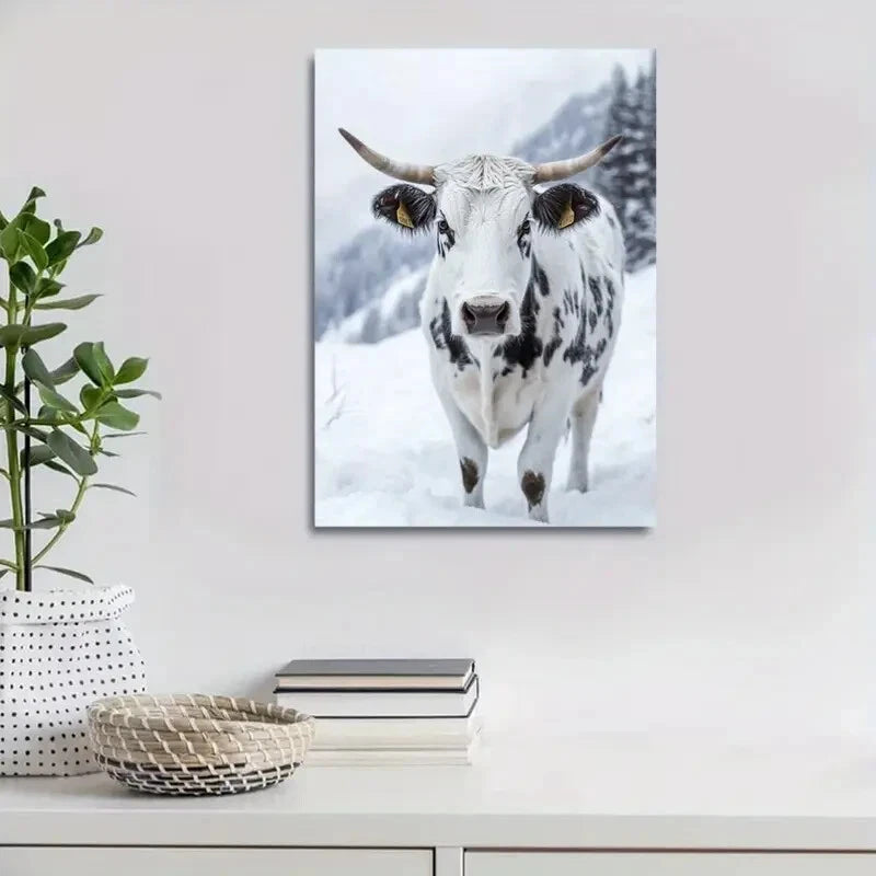 Contemporary Black and White Cow on Snow Painting 40x60cm Metal Print Ready to Hang - Bella Home Decor