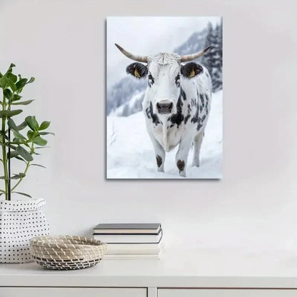 Contemporary Black and White Cow on Snow Painting 40x60cm Metal Print Ready to Hang - Bella Home Decor