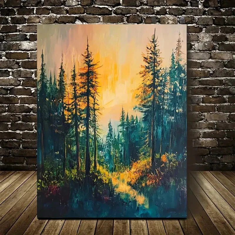 Vibrant Pine Forest Sunset with Winding Painting 40x60cm Metal Print Ready to Hang - Bella Home Decor