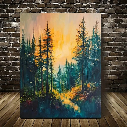 Vibrant Pine Forest Sunset with Winding Painting 40x60cm Metal Print Ready to Hang - Bella Home Decor