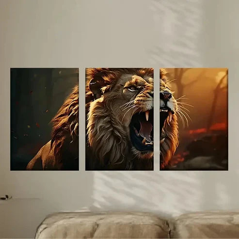 3pcs a Lion Roaring in The Dark Forest Wall Art Set Canvas Unframed - High Quality Print 100% Australian Made Wall Canvas - Bella Home Decor