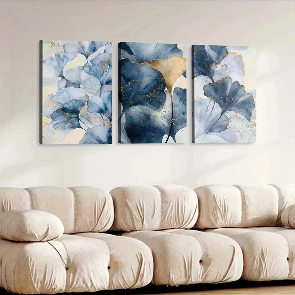 3pcs Blue Botanical Blue Leaves Abstract Wall Art Set Canvas Framed 50x70cm - High Quality Print 100% Australian Made Wall Canvas Ready to Hang