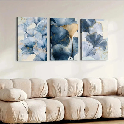 3pcs Blue Botanical Blue Leaves Abstract Wall Art Set Canvas Framed 50x70cm - High Quality Print 100% Australian Made Wall Canvas Ready to Hang