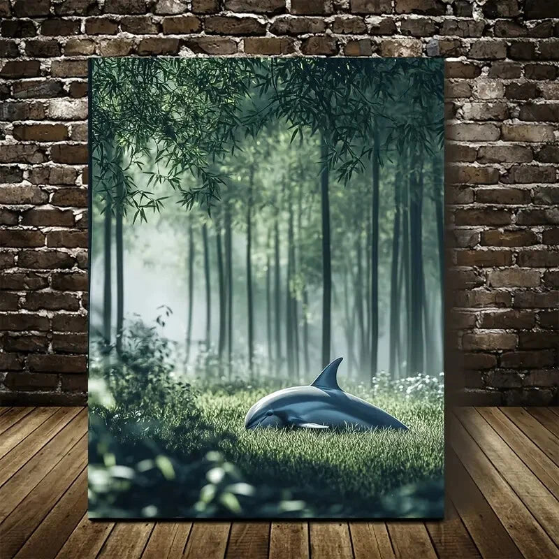 Serene Dolphin & Bamboo Grove Scene Painting 40x60cm Metal Print Ready to Hang - Bella Home Decor