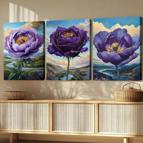 3pcs Abstract Charming Purple Flowers Blue Sky Art Set Canvas Unframed - High Quality Print 100% Australian Made Wall Canvas - Bella Home Decor