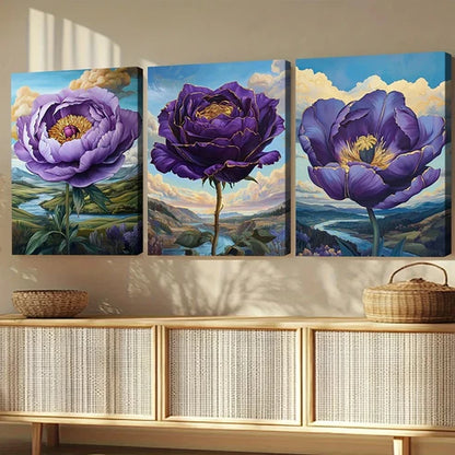 3pcs Abstract Charming Purple Flowers Blue Sky Art Set Canvas Unframed - High Quality Print 100% Australian Made Wall Canvas - Bella Home Decor