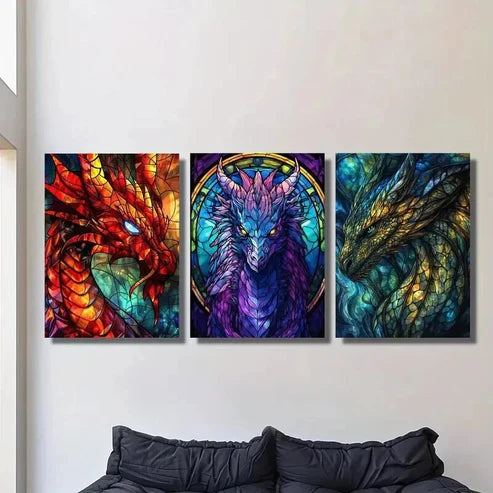 3pcs Stained Glass Fantasy Dragon Design Wall Art Canvas Unframed - High Quality Print 100% Australian Made Wall Canvas