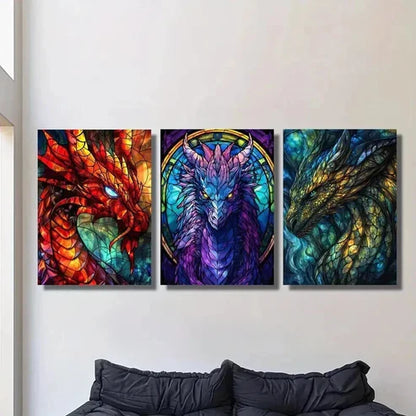 3pcs Stained Glass Fantasy Dragon Design Wall Art Canvas Unframed - High Quality Print 100% Australian Made Wall Canvas
