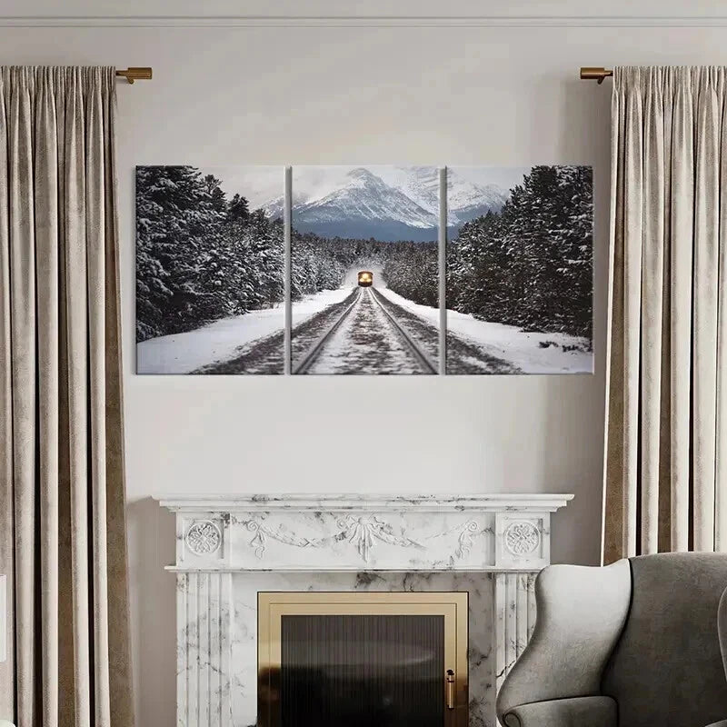 3pcs Snow Scene Steam Train Modern Vehicle Wall Art Set Canvas Framed 60x90cm - High Quality Print 100% Australian Made Wall Canvas Ready to Hang - Bella Home Decor