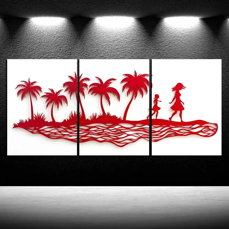 3pcs Coconut Trees and Women Tropical Metal Print Ready to Hang Art - Bella Home Decor