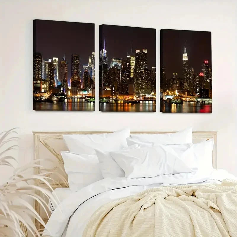 3pcs New York City Night View Skyline Perfect Wall Art Set Canvas Framed 60x90cm - High Quality Print 100% Australian Made Wall Canvas Ready to Hang - Bella Home Decor
