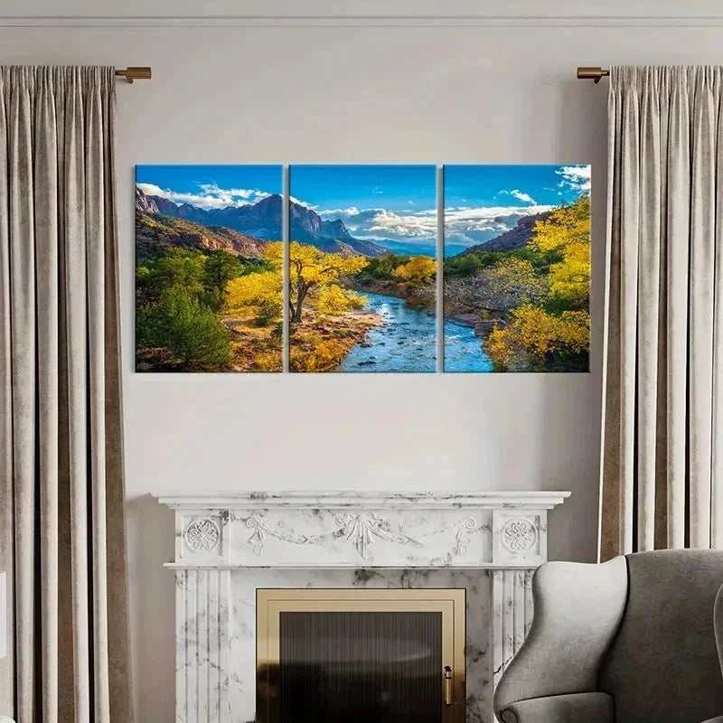 3pcs Mountains Forest and River Modern Wall Art Set Canvas Framed 50x70cm - High Quality Print 100% Australian Made Wall Canvas Ready to Hang - Bella Home Decor