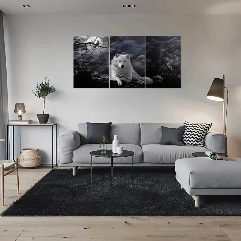 3pcs Moonlit Wolf Surreal Night Forest Metal Print Ready to Hang Art - Bella Home Decor