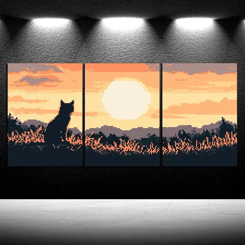 3pcs Cat and Sunset Sun Nature Scenery Metal Print Ready to Hang Art