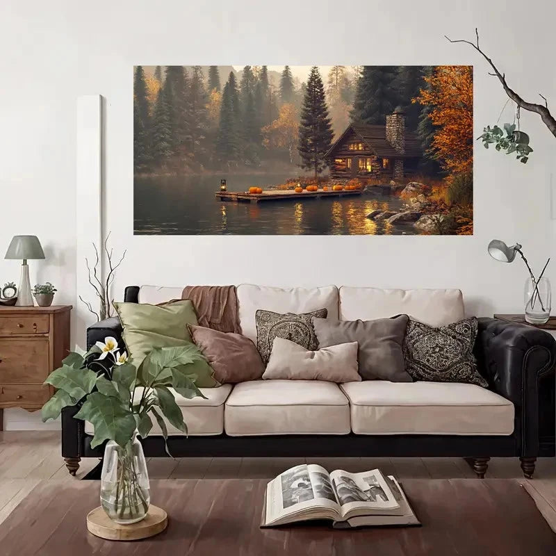 Autumn Cabin By The Lake Wall Art Canvas Office Home Room Framed 120x60cm