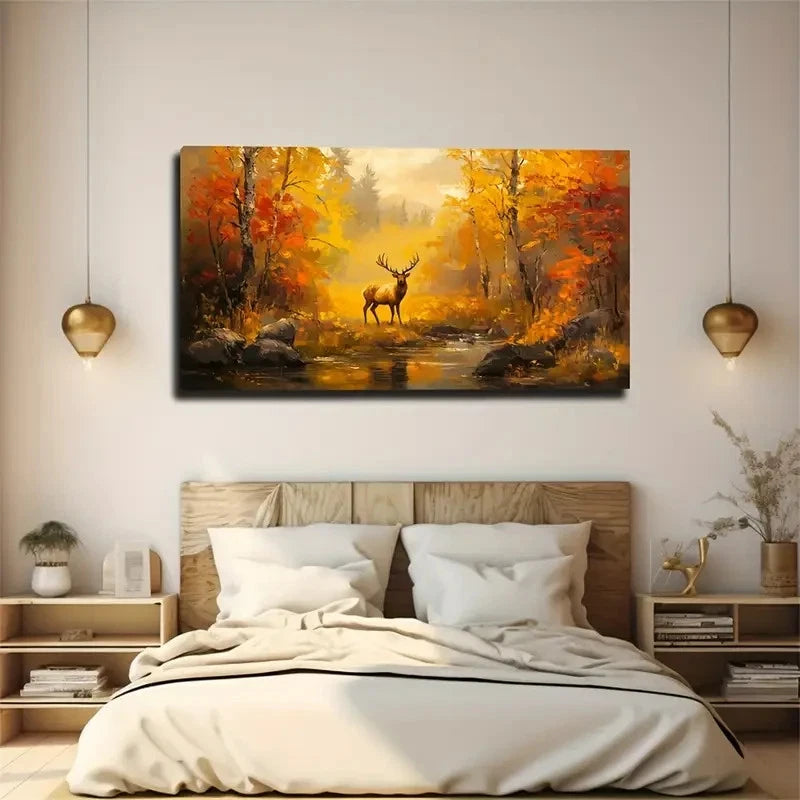 Bohemian Autumn Elk Landscape Wall Art Canvas Office Home Room Framed 120x60cm