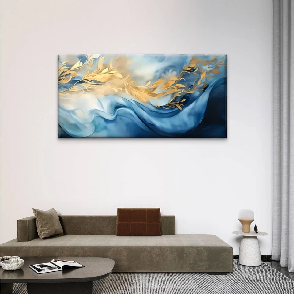 Blue & Golden Floral Waves Wall Art Canvas Office Home Room Framed 120x60cm