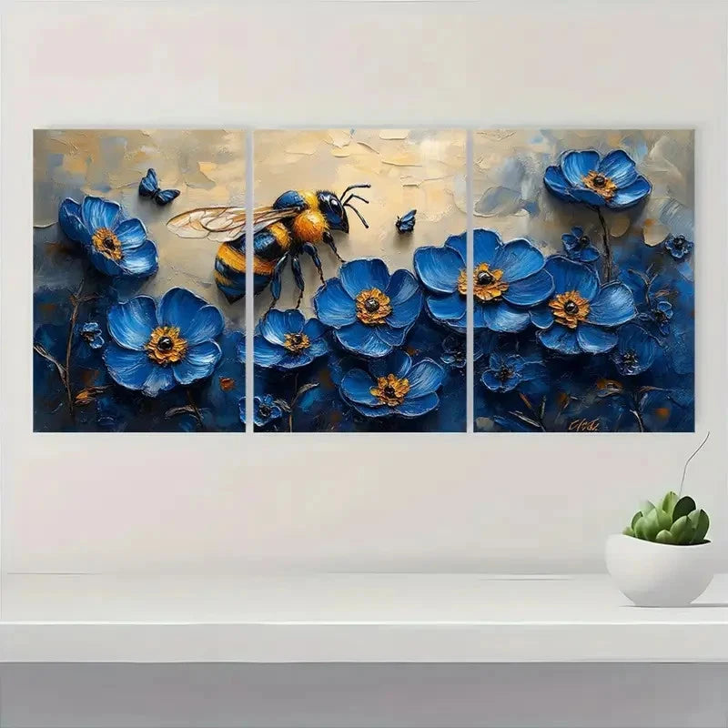 3pcs  Vibrant Honey Bee & Blue Flowers BW  Wall Art Set Canvas Framed 40x60cm - High Quality Print 100% Australian Made Wall Canvas Ready to Hang - Bella Home Decor