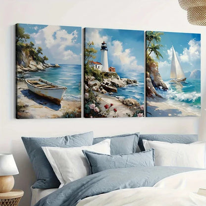 3pcs Beach House Light House Sail Boat Blue Sky Wall Art Set Canvas Unframed - High Quality Print 100% Australian Made Wall Canvas - Bella Home Decor