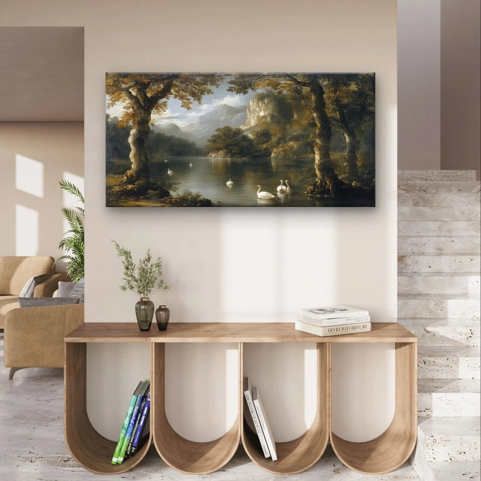 Classical River Landscape With Swan Wall Art Canvas Office Home Framed 120x60cm