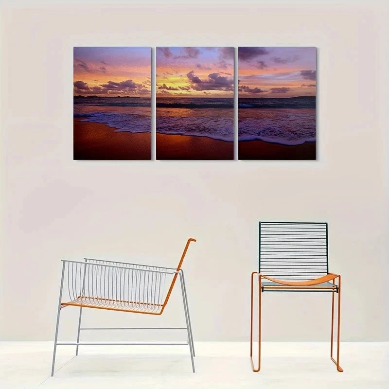 3pcs Sunset Beach Scene Ocean Waves & Sky Metal Print Ready to Hang Art - Bella Home Decor