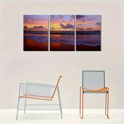 3pcs Sunset Beach Scene Ocean Waves & Sky Metal Print Ready to Hang Art - Bella Home Decor