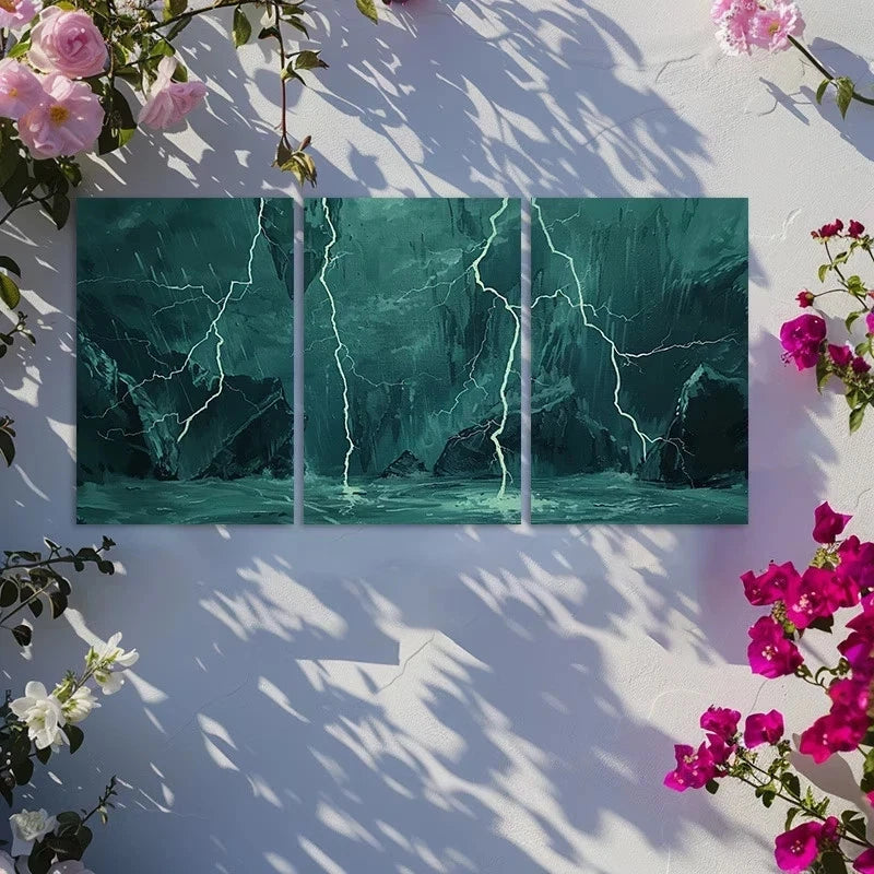 3pcs Oil Painting Lightning on Rainy Days Metal Print Ready to Hang Art
