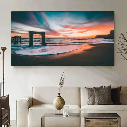 Beach Sunset Scene With Waves Wall Art Canvas Office Home Room Framed 120x60cm