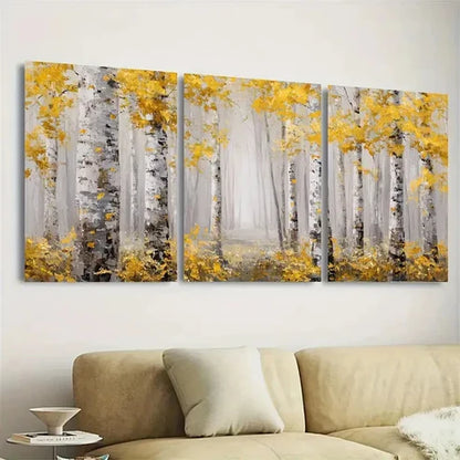 3pcs Birch Tree Art Elegant Golden Accented Wall Art Canvas Unframed - High Quality Print 100% Australian Made Wall Canvas - Bella Home Decor