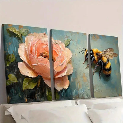 3pcs Vibrant Bee & Pink Rose VB   Wall Art Set Canvas Framed 40x60cm - High Quality Print 100% Australian Made Wall Canvas Ready to Hang
