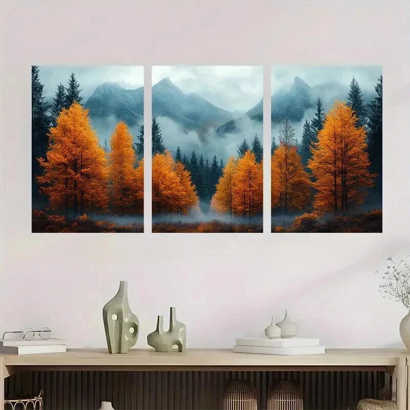 3pcs Autumn Mountain Landscape Misty Perfect Wall Art Set Canvas Framed 60x90cm - High Quality Print 100% Australian Made Wall Canvas Ready to Hang - Bella Home Decor