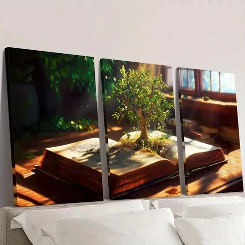 3pcs Knowledge Tree Growing Out of a Book  Wall Art Set Canvas Unframed - High Quality Print 100% Australian Made Wall Canvas